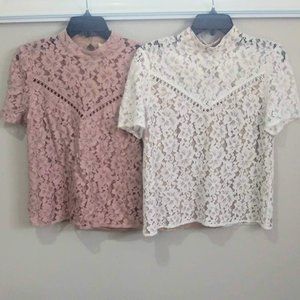 WAYF Bundle Lace Short Sleeve Top Pink White M